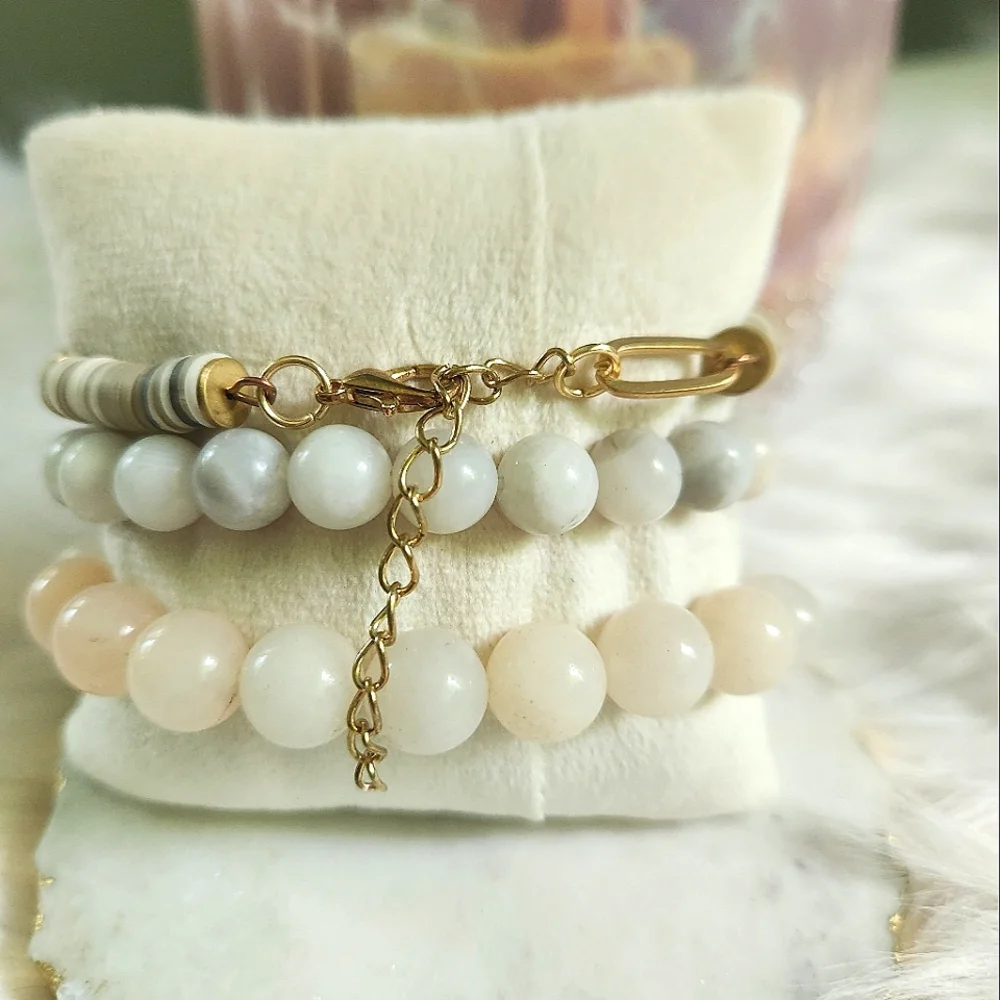NWT Ryze Natural Stone Peach Aventurine & Geode Stack Bracelets - Set of 3 - Picture 4 of 7